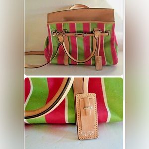 TUMI Picclic Fabric  & Leather Hot Pink & Lime Green Striped Purse Bag